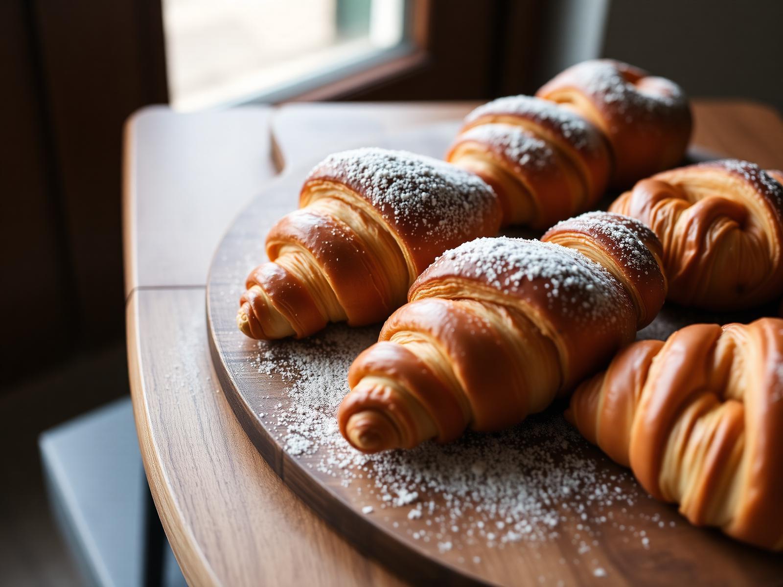 Fresh croissants on a wooden board